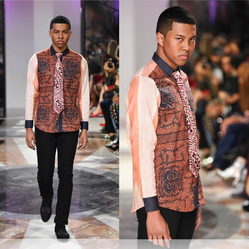 two panel of male model walking down the runway in Dara Oji and 2Heads, first panel is a full body shot mid step, second panel is from the hips up